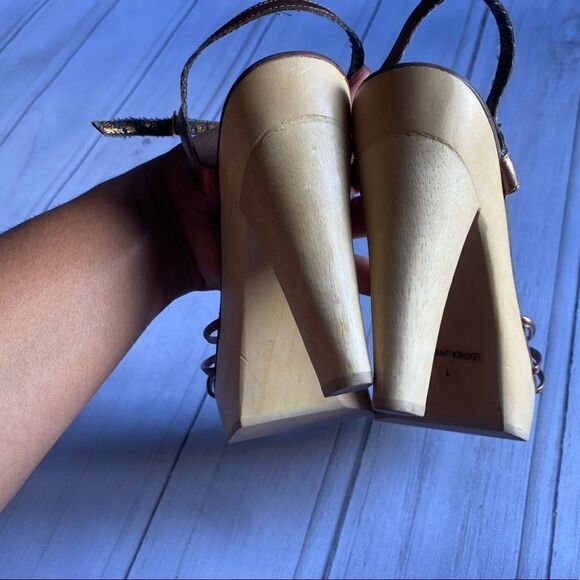 Bebe platform wooden strappy heels leather upper - Picture 5 of 6